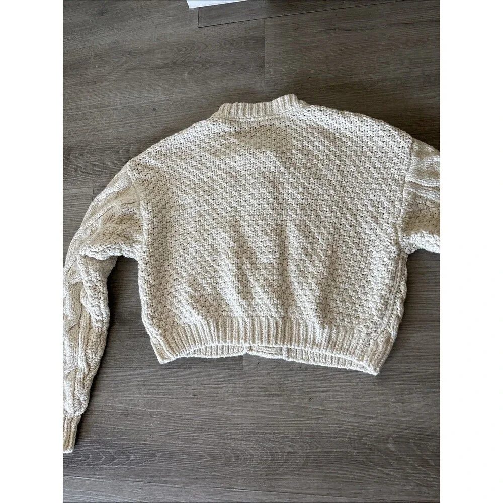 Free People Bonfire Cable Knit Crop Cardigan Sweater, Wood Buttons Ivory Cream M